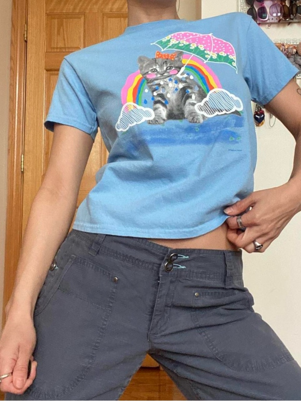 Vintage Graphic Baby Tee Shirt - Kitten Rainbow